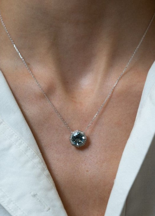 Octagon-Cut Aquamarine and Diamond Halo Pendant Necklace - Skeie's Jewelers