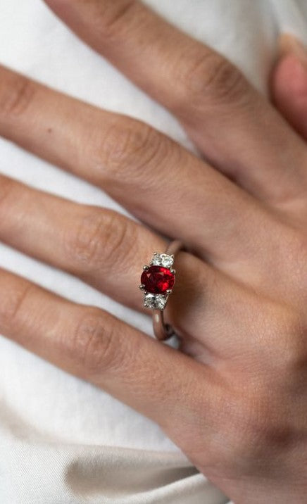 Ruby and Diamond Three-Stone Ring in Platinum - Skeie's Jewelers