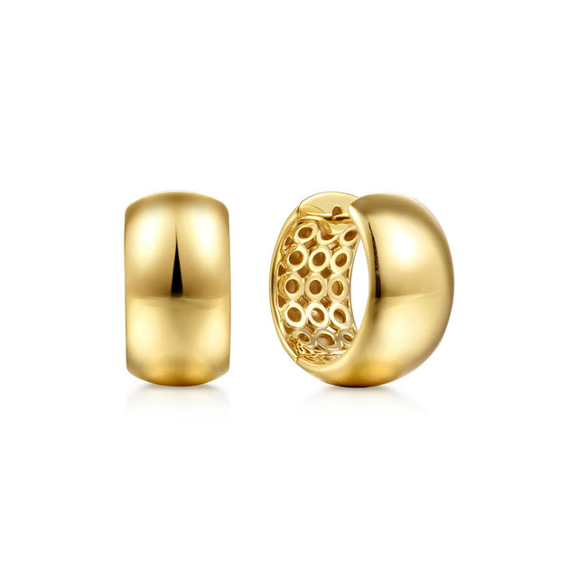 A pair of polished gold hoop earrings shown on a clean white background, with one earring facing forward to show its smooth rounded surface and the other angled to reveal an intricate openwork lattice pattern inside.
