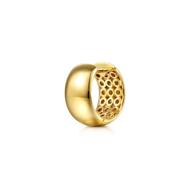 A polished gold earring with a smooth, rounded exterior and a textured, openwork honeycomb-like interior, shown on a clean white background.
