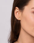 Close-up of a woman wearing diamond stud earrings with a plain background