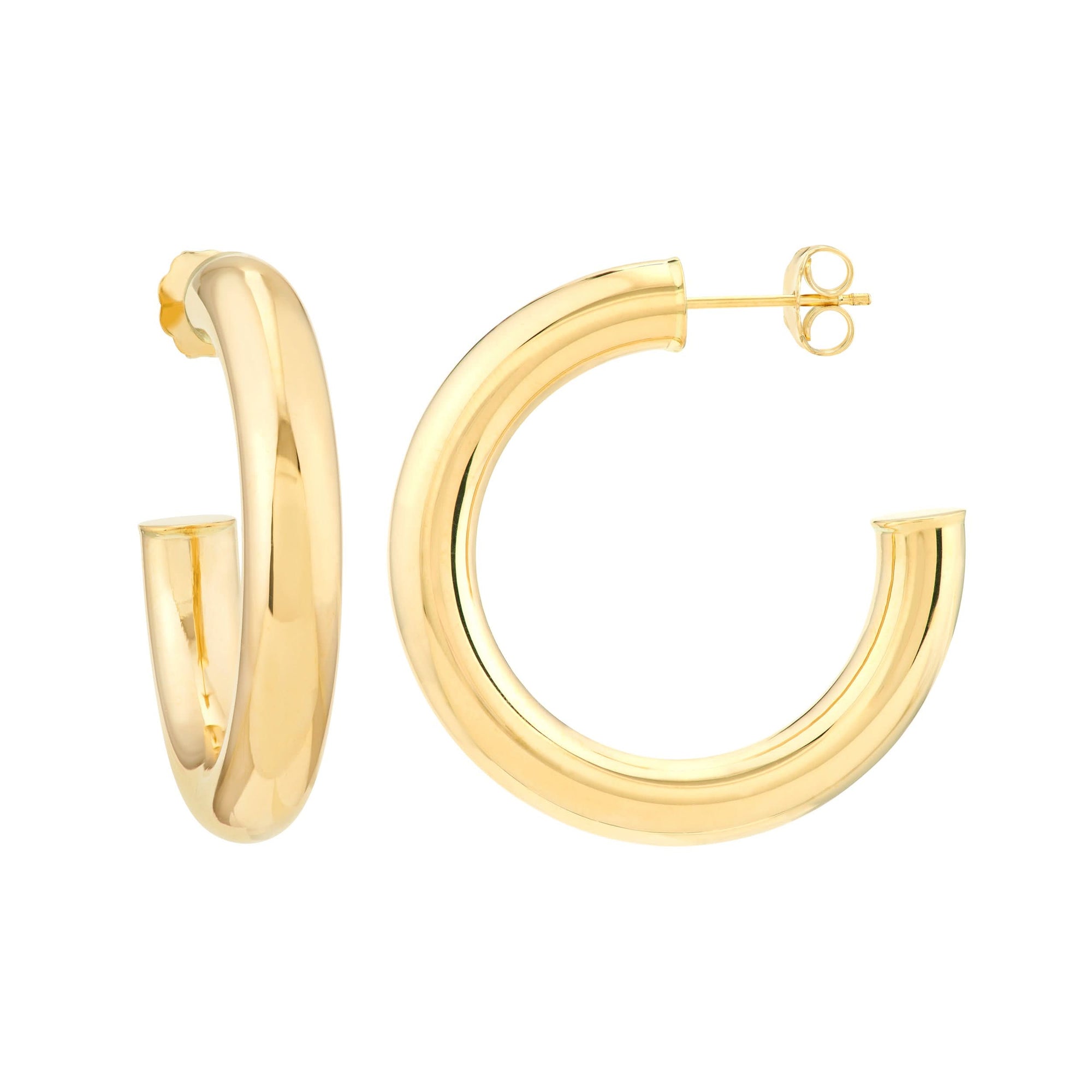 A pair of 14K yellow gold tube hoop earrings measuring 5mm wide and 30mm in diameter, featuring a continuous post and friction butterfly back closure.