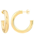 A pair of 14K yellow gold tube hoop earrings measuring 5mm wide and 30mm in diameter, featuring a continuous post and friction butterfly back closure.