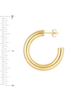 Gold hoop earring with a ruler for scale on a white background