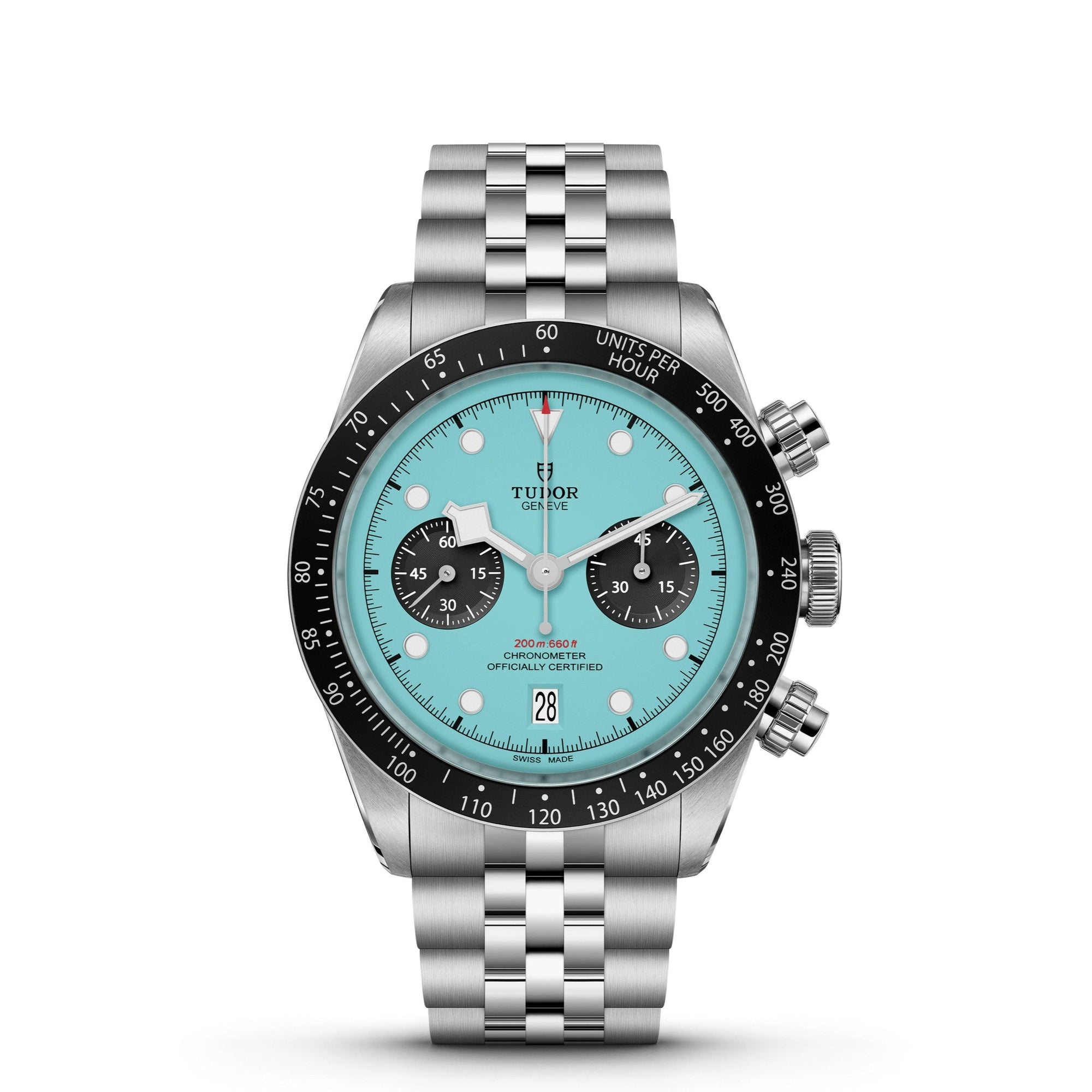 Steel watch with a light blue face on a white background