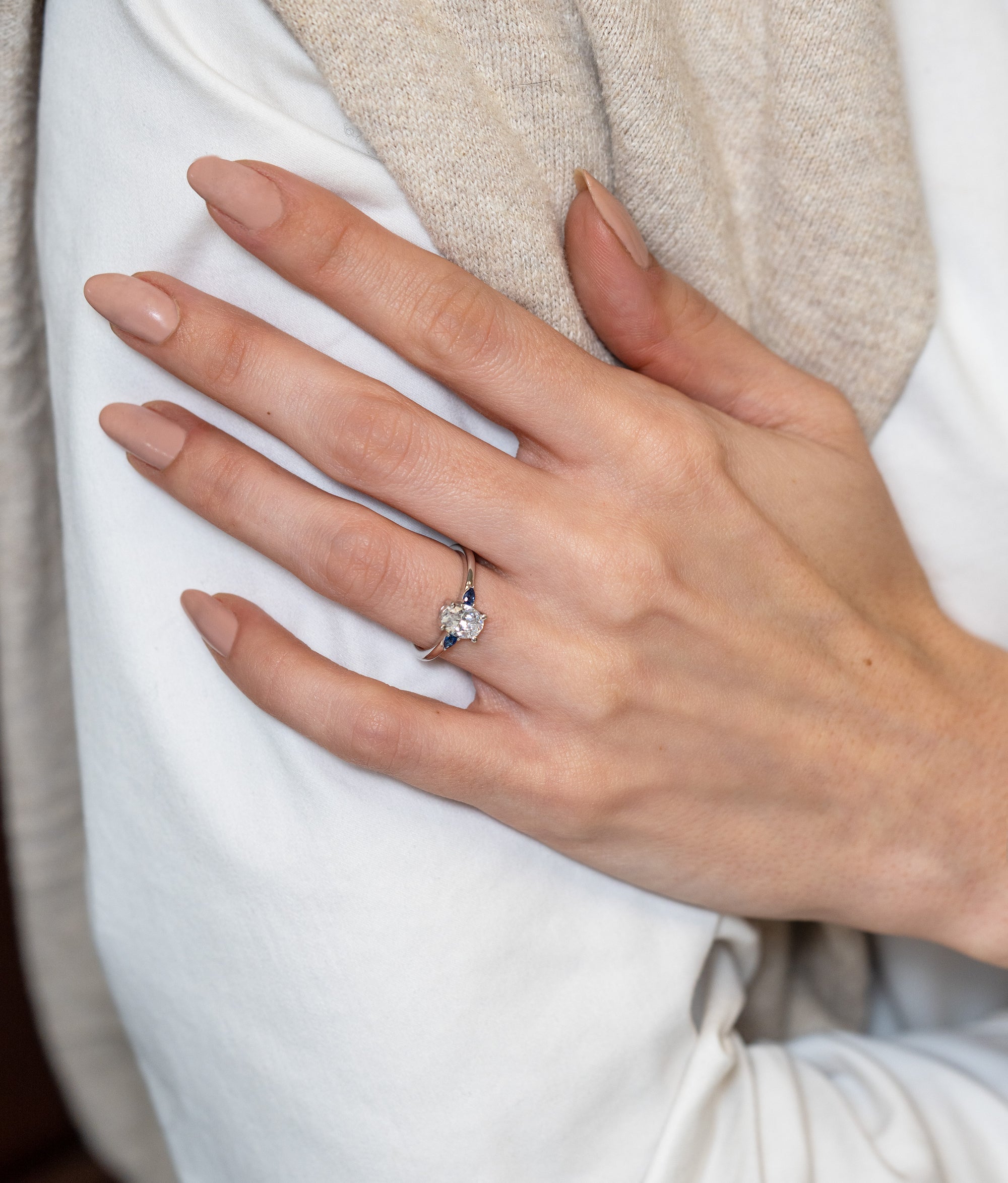 Three-Stone Oval and Sapphire Engagement Ring - Skeie's Jewelers