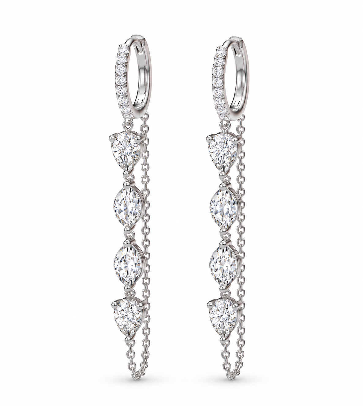 A pair of silver huggie hoop earrings with dangling chains and marquise-cut clear gemstones, shown on a plain white background.