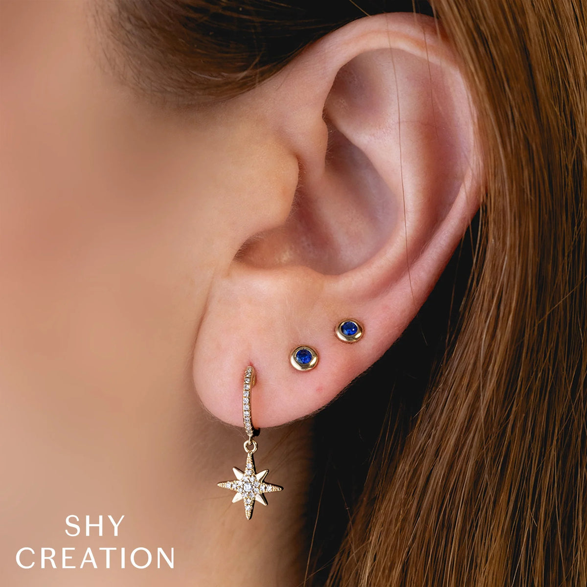 Shy Creation 14K yellow gold mini blue sapphire bezel stud earrings, alternate product photograph