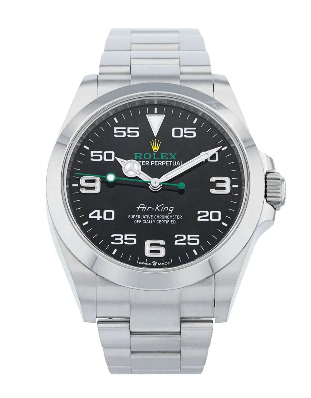 Rolex Air-King wristwatch with a stainless steel Oyster bracelet and a black dial featuring white Arabic numerals and a green seconds hand.