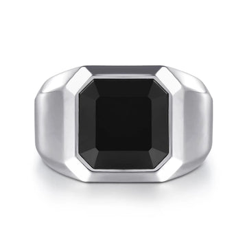 Gabriel & Co. Wide 925 Sterling Silver Signet Ring with Faceted Onyx Stone in Sand Blast Finish - Skeie's Jewelers