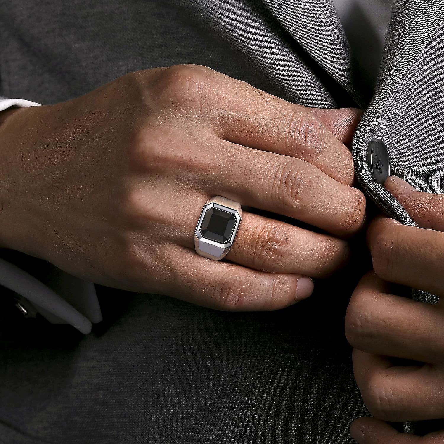 Gabriel & Co. Wide 925 Sterling Silver Signet Ring with Faceted Onyx Stone in Sand Blast Finish - Skeie's Jewelers