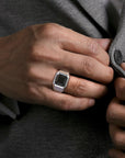 Gabriel & Co. Wide 925 Sterling Silver Signet Ring with Faceted Onyx Stone in Sand Blast Finish - Skeie's Jewelers