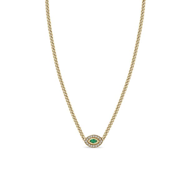Zoe Chicco 14K Yellow Gold XS Curb Chain Marquise Emerald Halo Necklace - Skeie's Jewelers