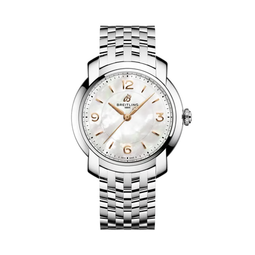 Breiting women's watch featuring a silver stainless steel link bracelet, a round silver case, and a white mother-of-pearl dial with rose gold accents.