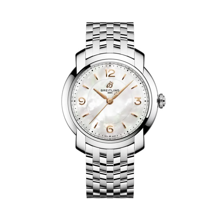 Breiting women's watch featuring a silver stainless steel link bracelet, a round silver case, and a white mother-of-pearl dial with rose gold accents.