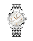 Breiting women's watch featuring a silver stainless steel link bracelet, a round silver case, and a white mother-of-pearl dial with rose gold accents.