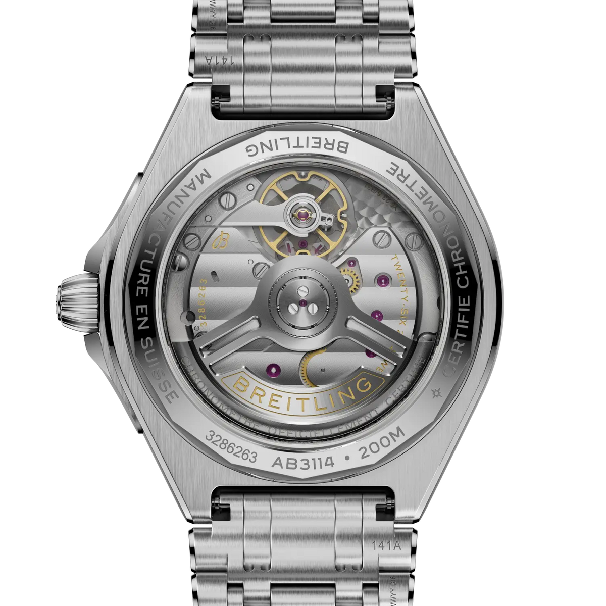 Silver Breitling watch with open case  back design on a white background