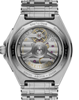 Silver Breitling watch with open case  back design on a white background