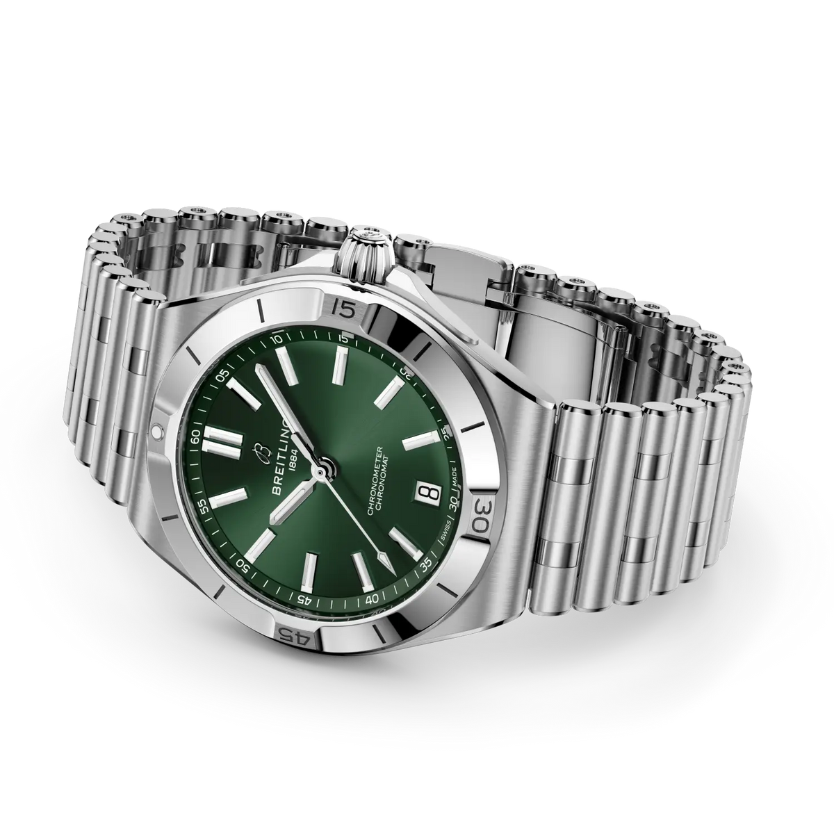 Silver watch with a green face on a white background LAYING