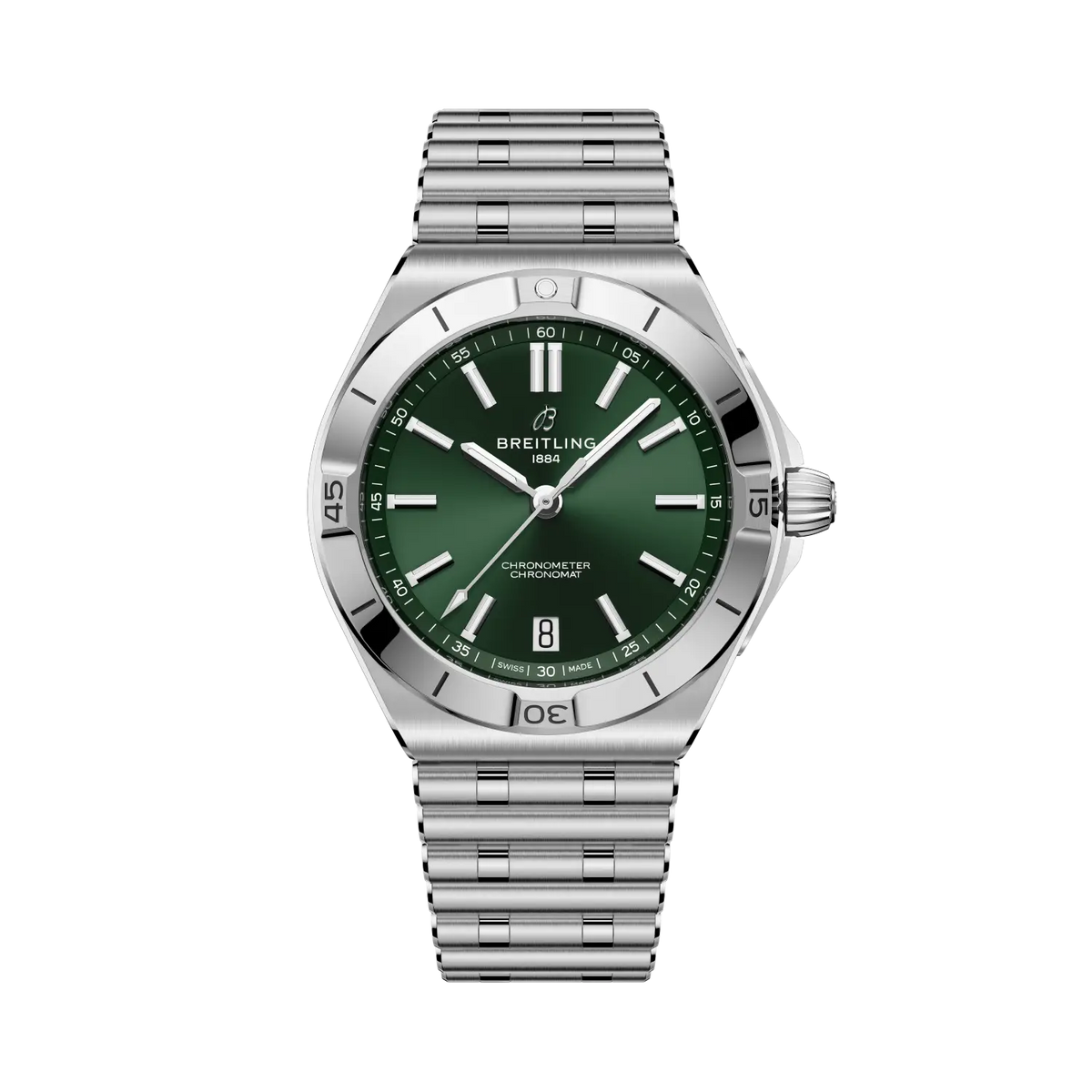 Silver watch with green dial on a white background