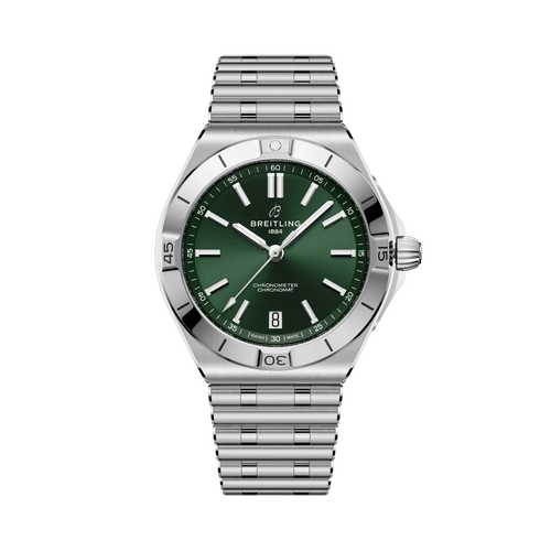 Silver watch with green dial on a white background