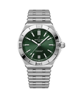 Silver watch with green dial on a white background