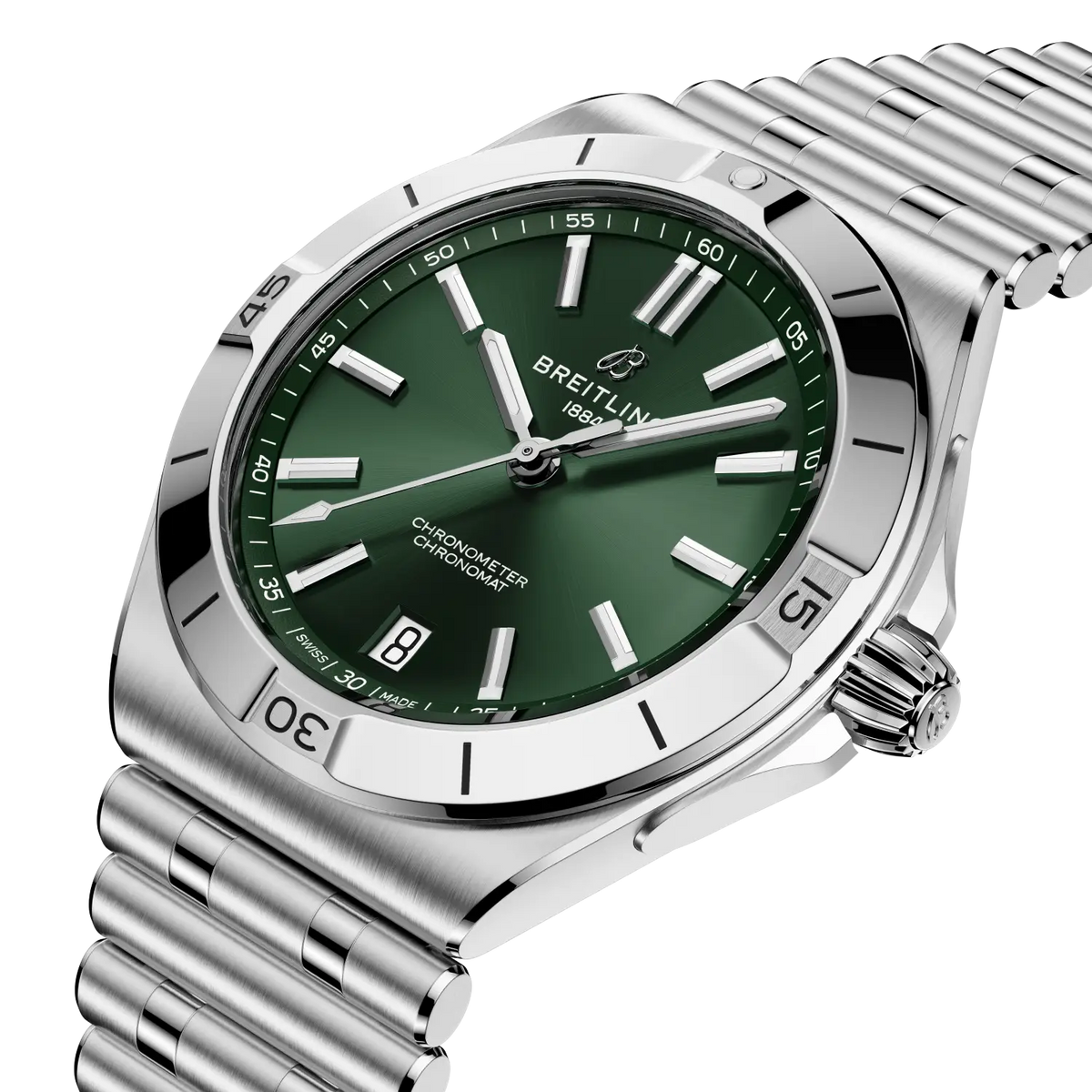 Breitling watch with green dial and silver metal bracelet on a white background