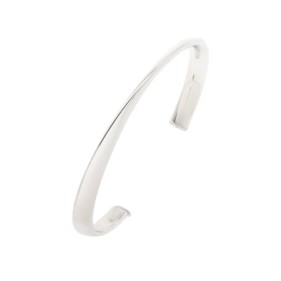 A Royal Chain sterling silver sculpted cuff bangle (Reference AGB10242) showcasing an open-back design with an irregular, fluid wavy silhouette finished in a high-polish rhodium plating against a crisp white background.