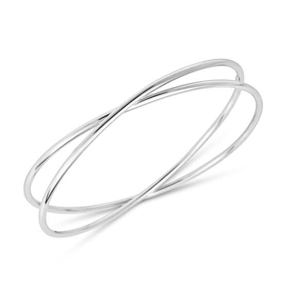 A Royal Chain sterling silver slip-on crossover bangle (Reference AGBG3544) featuring a multi-row design of high-polished, overlapping silver bands with a tarnish-resistant rhodium finish, set against a white background.