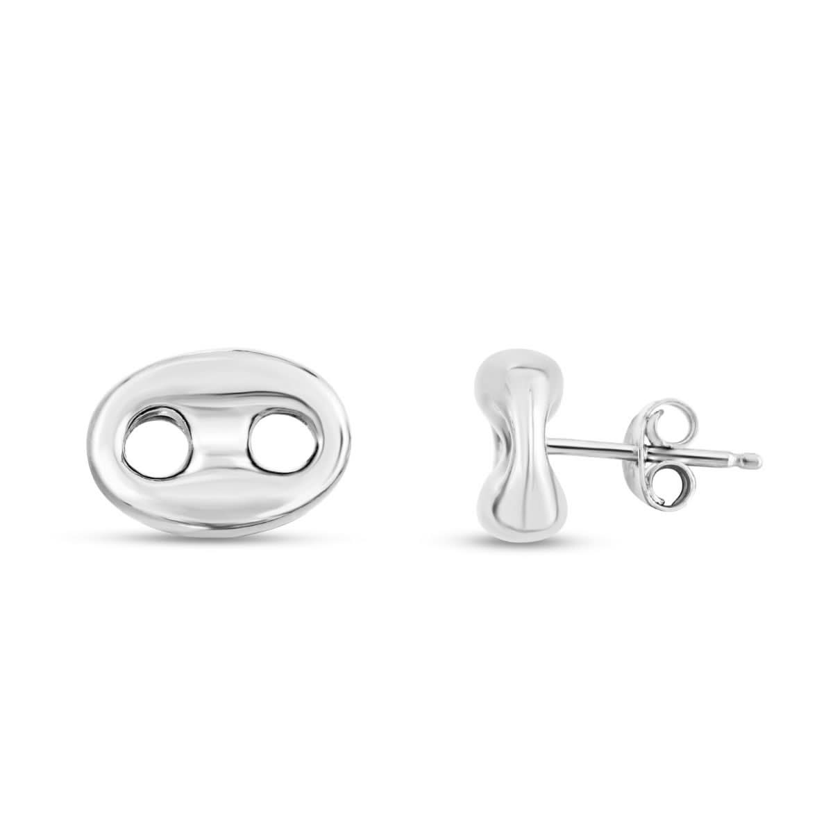 a pair of Royal Chain sterling silver puffed mariner link stud earrings (Reference AGER14245) showcasing a three-dimensional, high-polish anchor chain design with a central divider bar and straight push-back friction posts on a clean white background.