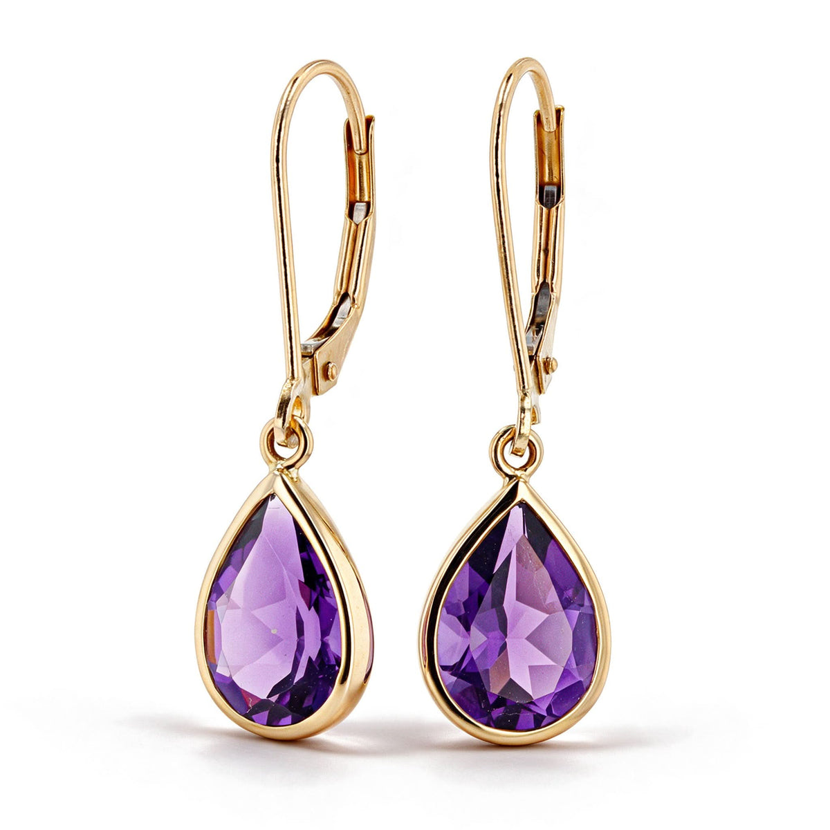 Side view of 14K yellow gold pear-shaped amethyst drop earrings with leverback closures