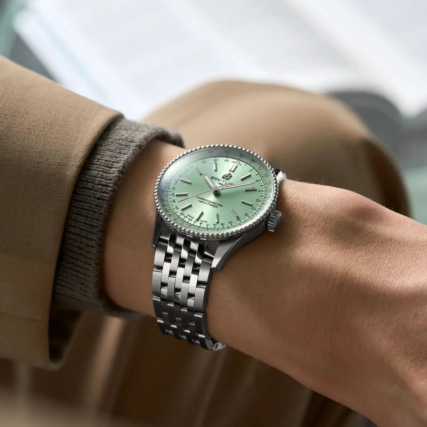 Breitling Navitimer Automatic 36mm Mint Green Dial on stainless steel strap - Modeled