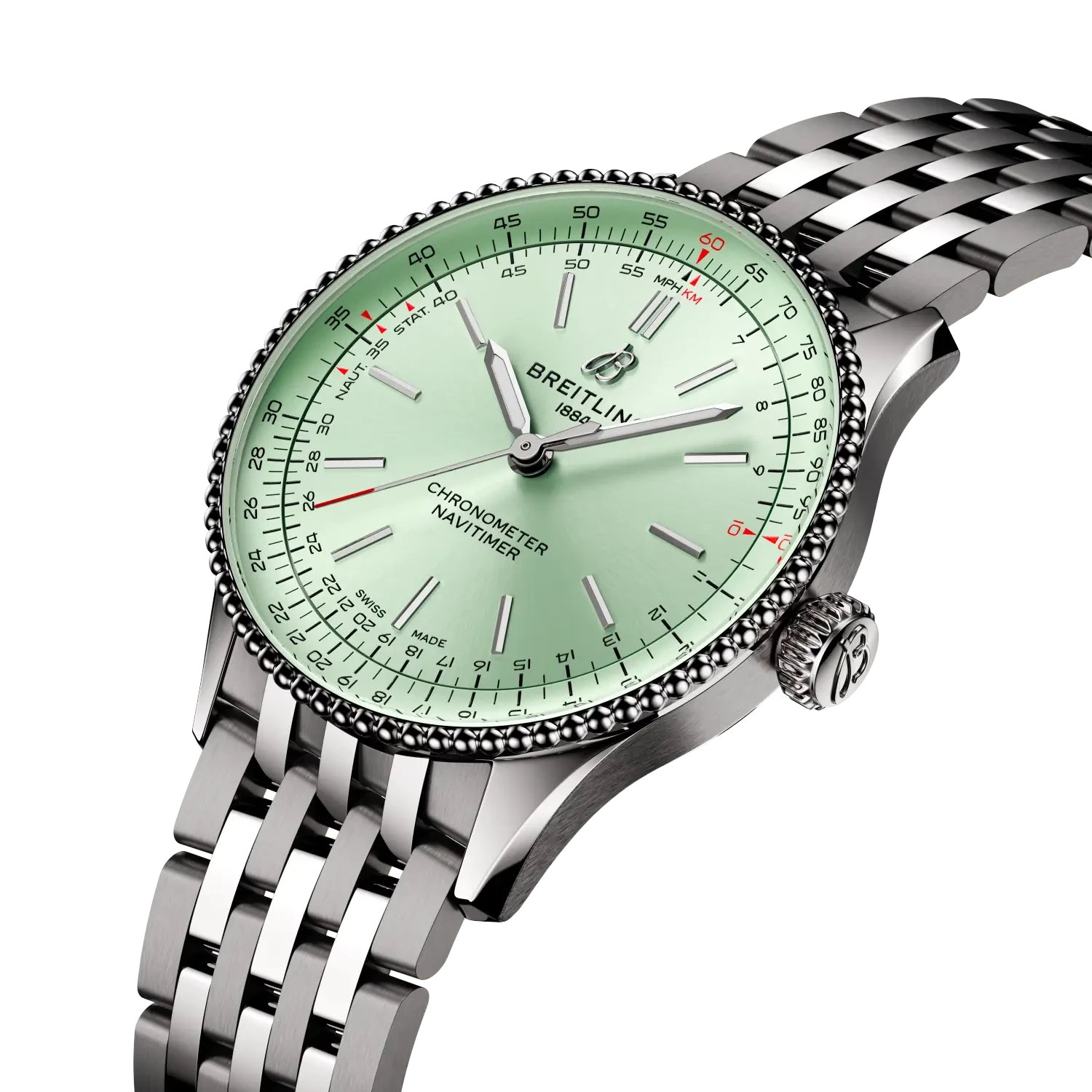 Breitling Navitimer Automatic 36mm Mint Green Dial on stainless steel strap - Three-Quarter View