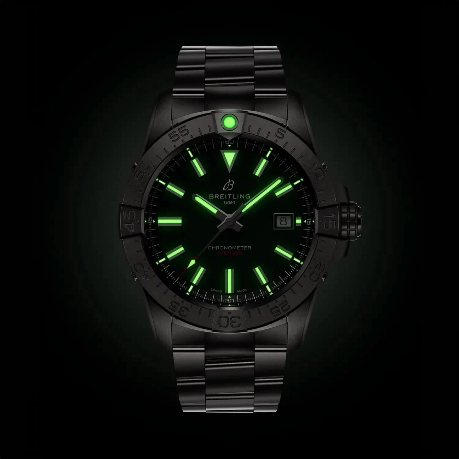 Breitling Avenger Automatic 42mm Green Dial on stainless steel strap - Lume Shot