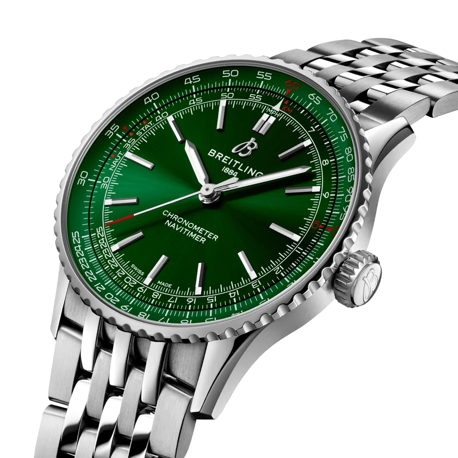 Breitling Navitimer Automatic 41mm Green Dial on stainless steel strap - Three-Quarter View