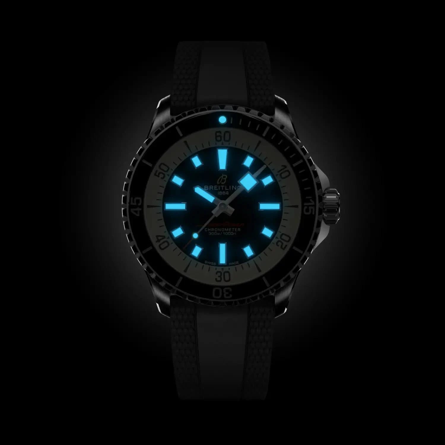 Breitling Superocean Automatic 42mm Black Dial on rubber strap - Lume Shot