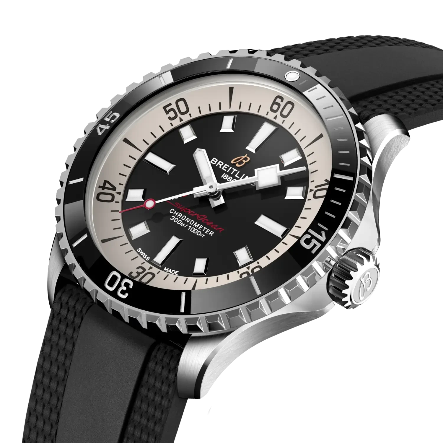 Breitling Superocean Automatic 42mm Black Dial on rubber strap - Three-Quarter View