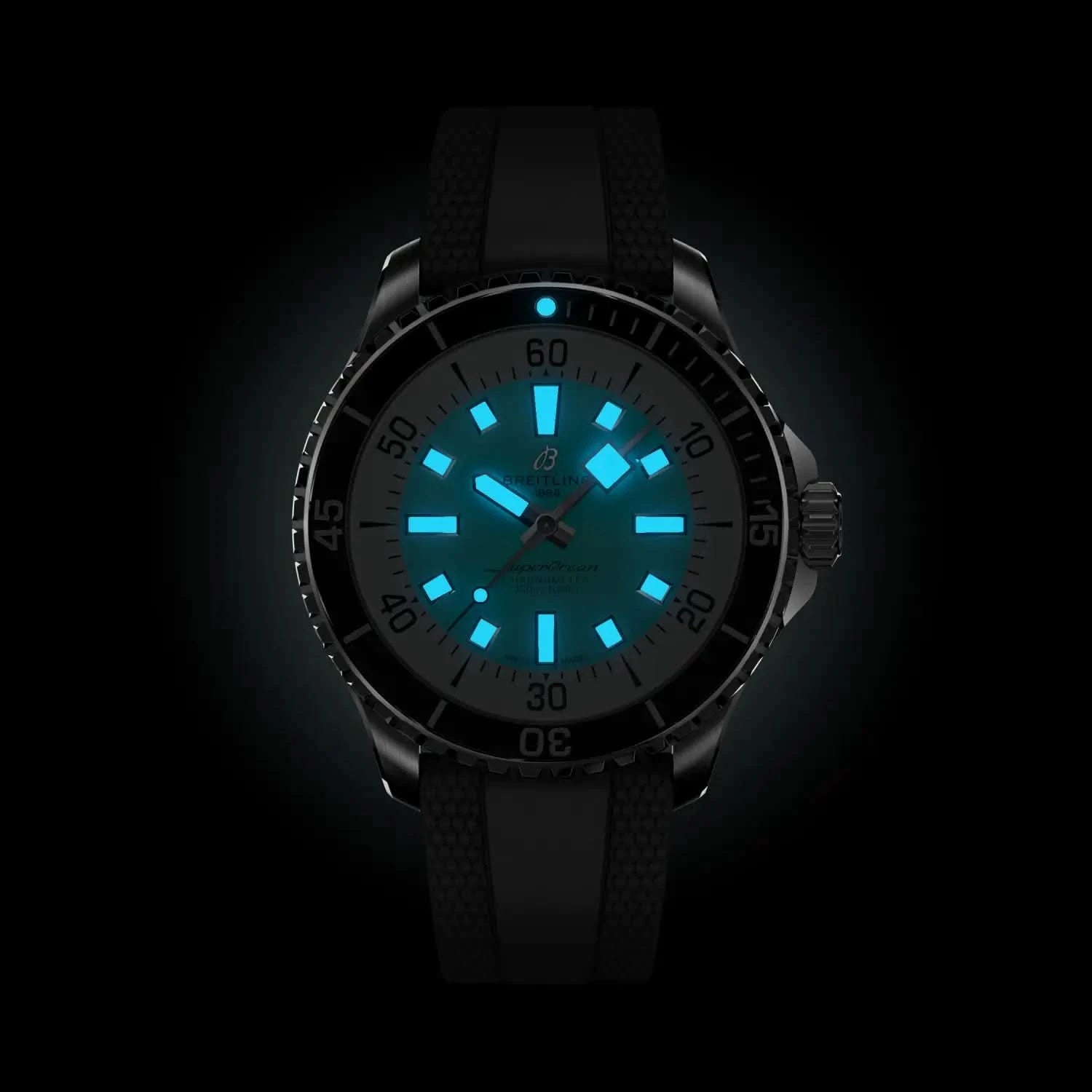 Breitling Superocean Automatic 44mm Turquoise Dial on rubber strap - Lume Shot