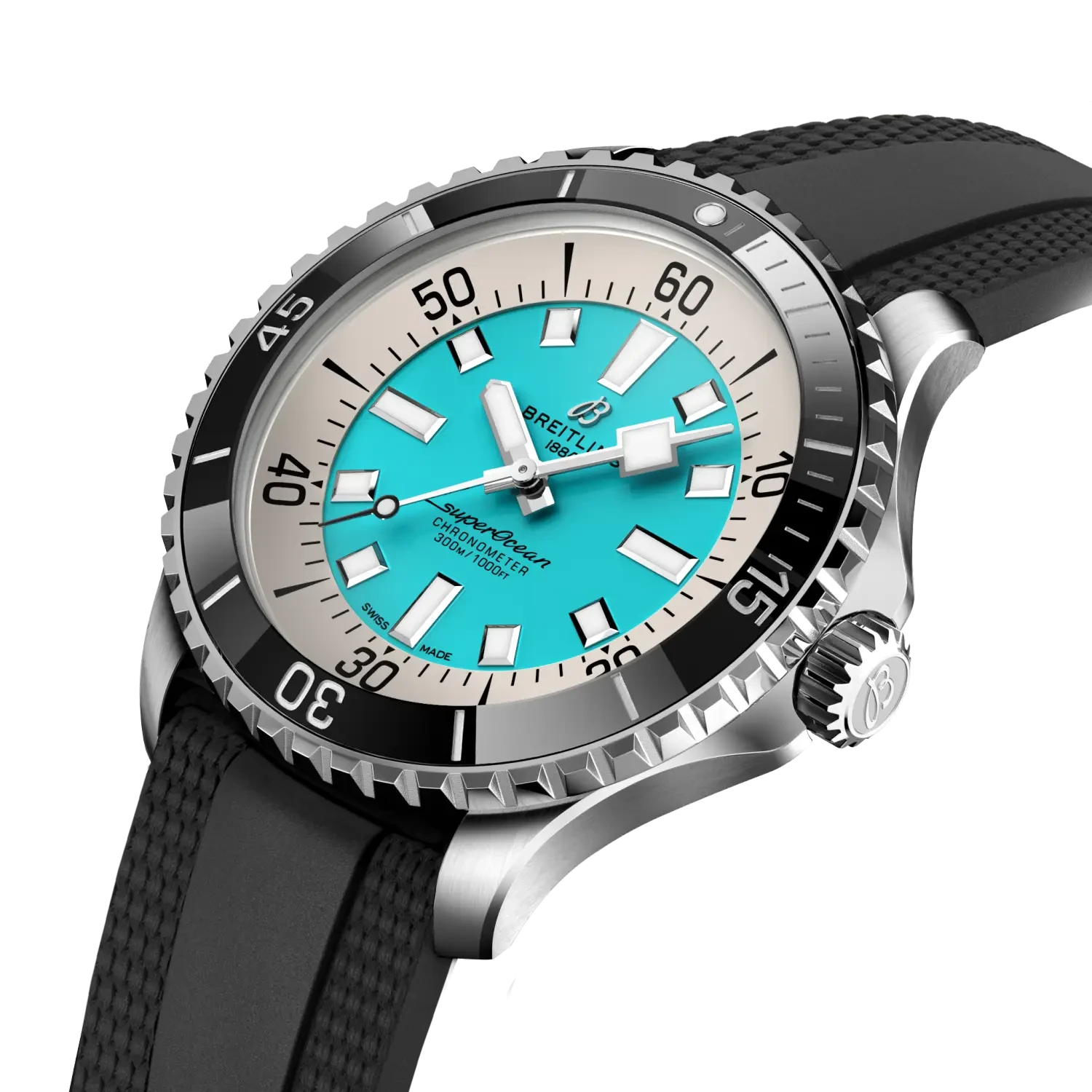 Breitling Superocean Automatic 44mm Turquoise Dial on rubber strap - Three-Quarter View