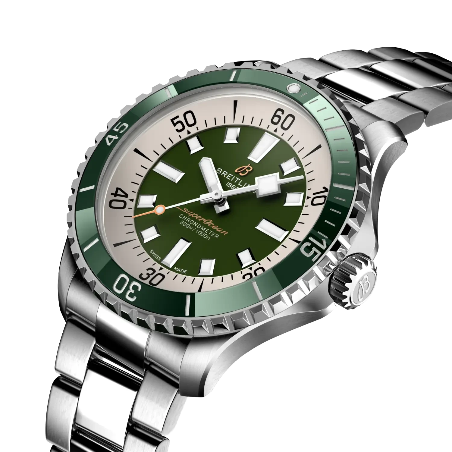 Breitling Superocean Automatic 44mm Green Dial on stainless steel strap - Three-Quarter View