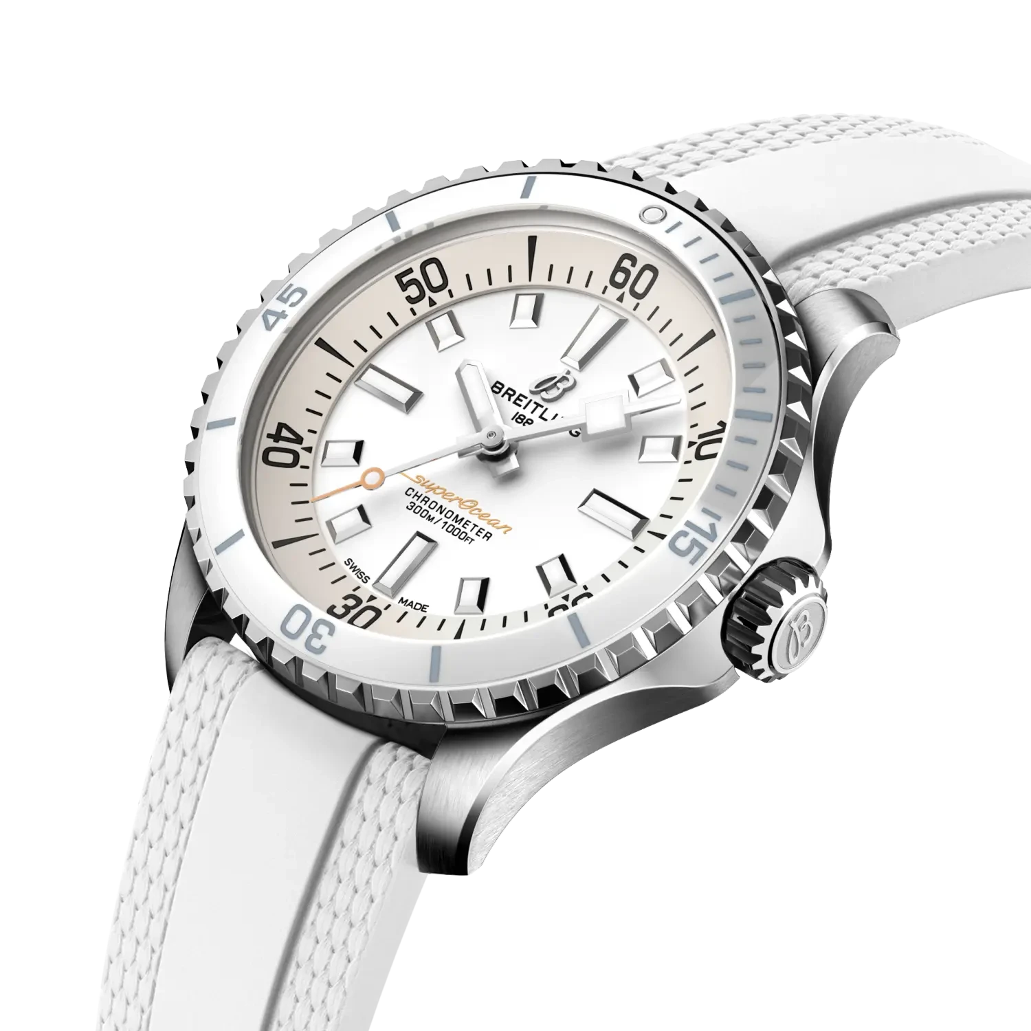 Breitling Superocean Automatic 36mm White Dial on rubber strap - Three-Quarter View
