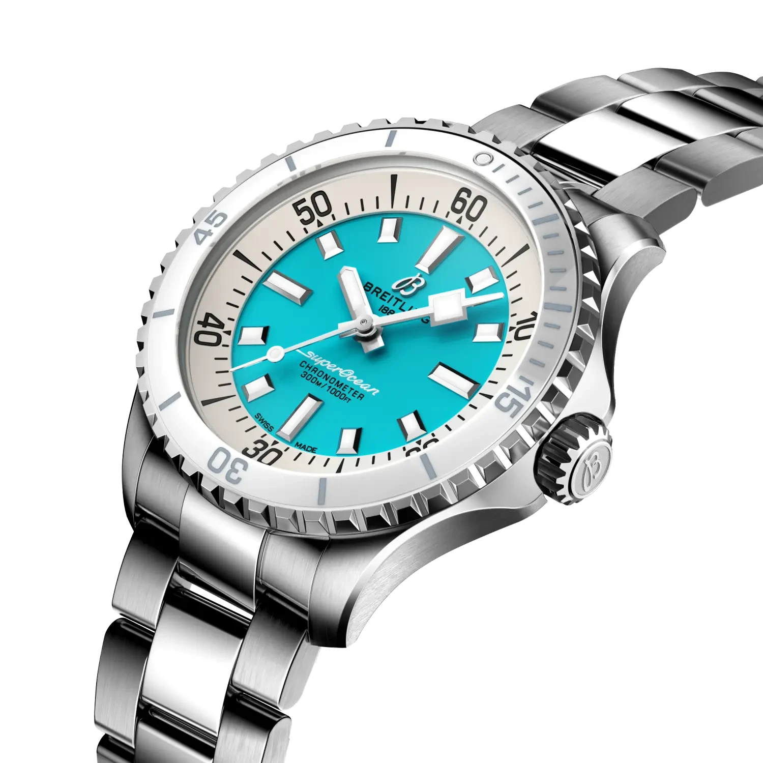 Breitling Superocean Automatic 36mm Turquoise Dial on stainless steel strap - Three-Quarter View