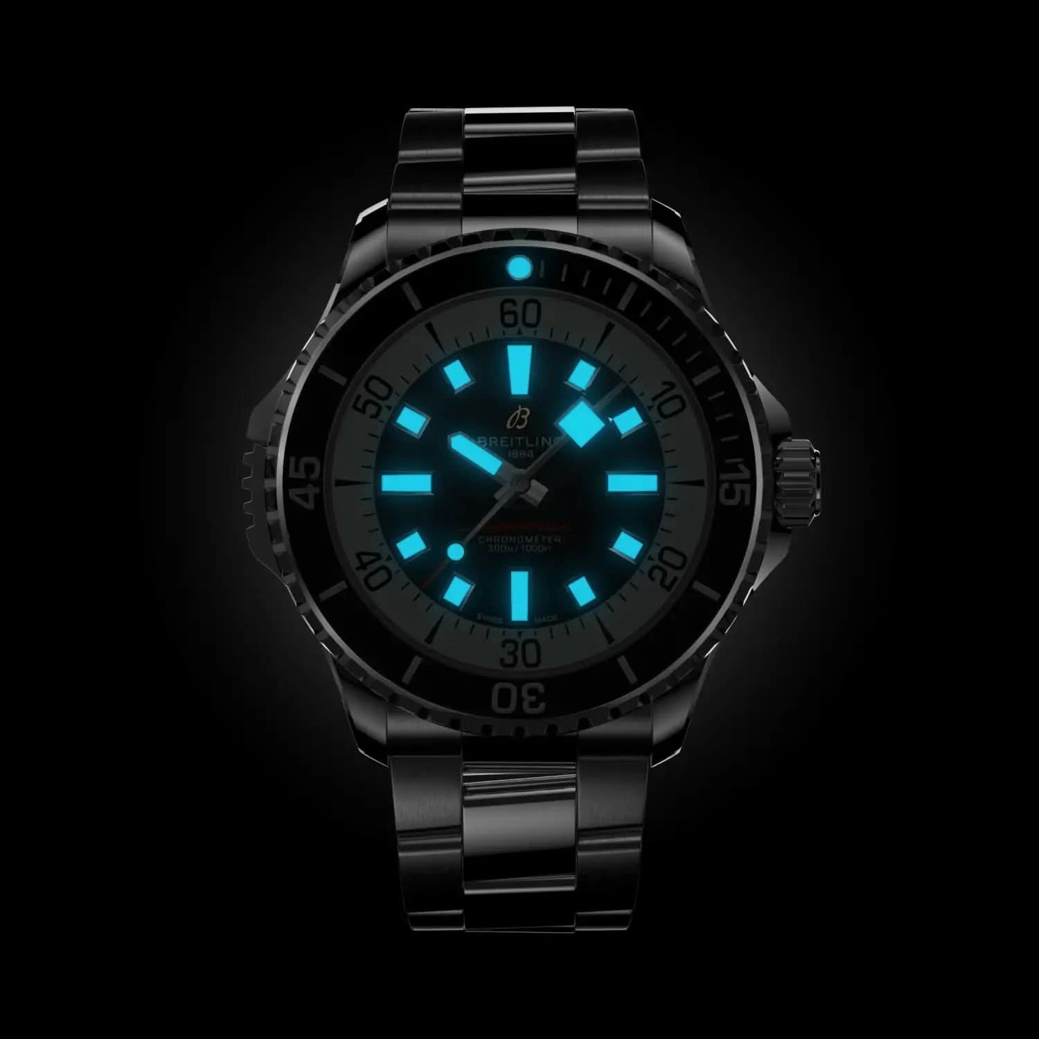 Breitling Superocean Automatic 46mm Black Dial on stainless steel strap - Lume Shot