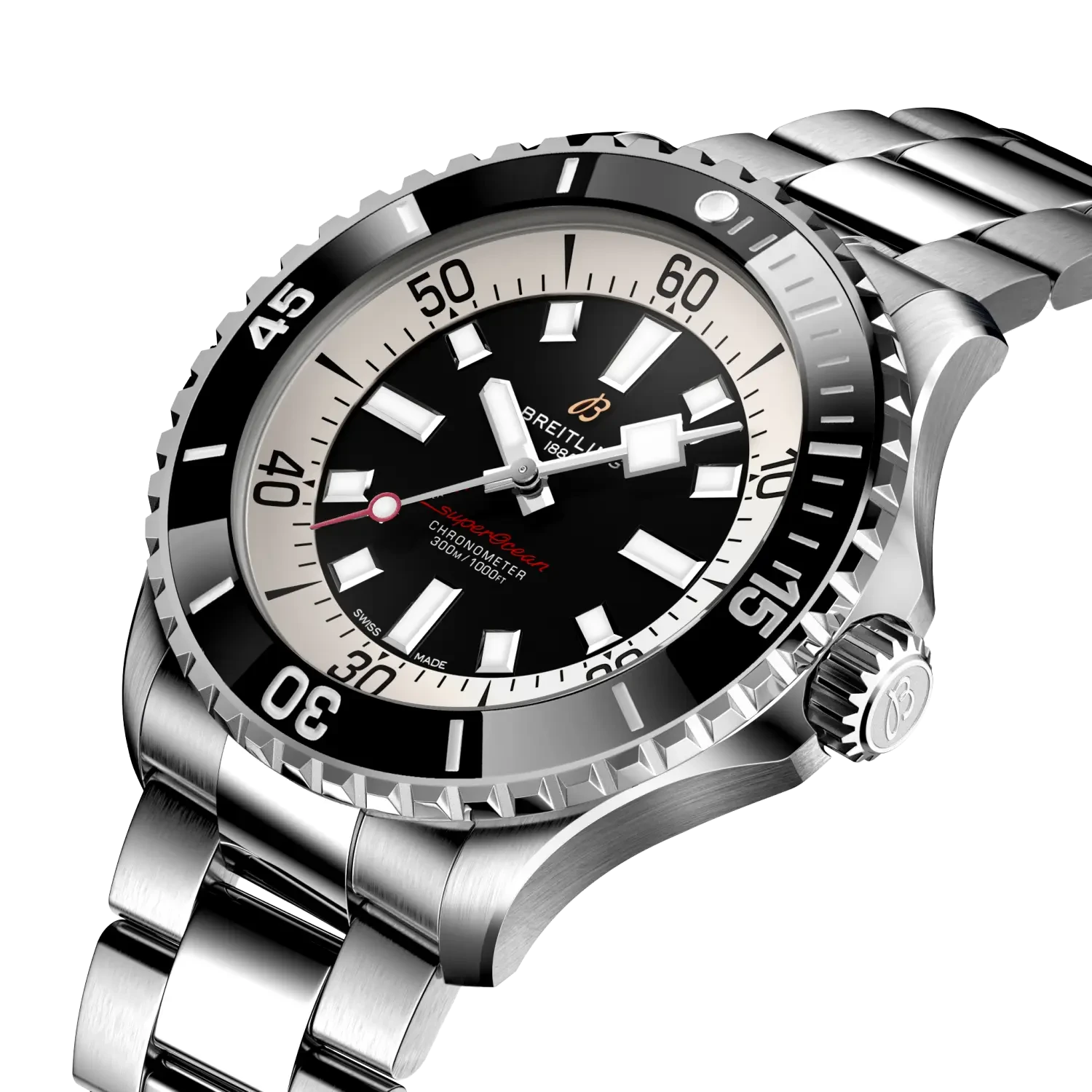 Breitling Superocean Automatic 46mm Black Dial on stainless steel strap - Three-Quarter View