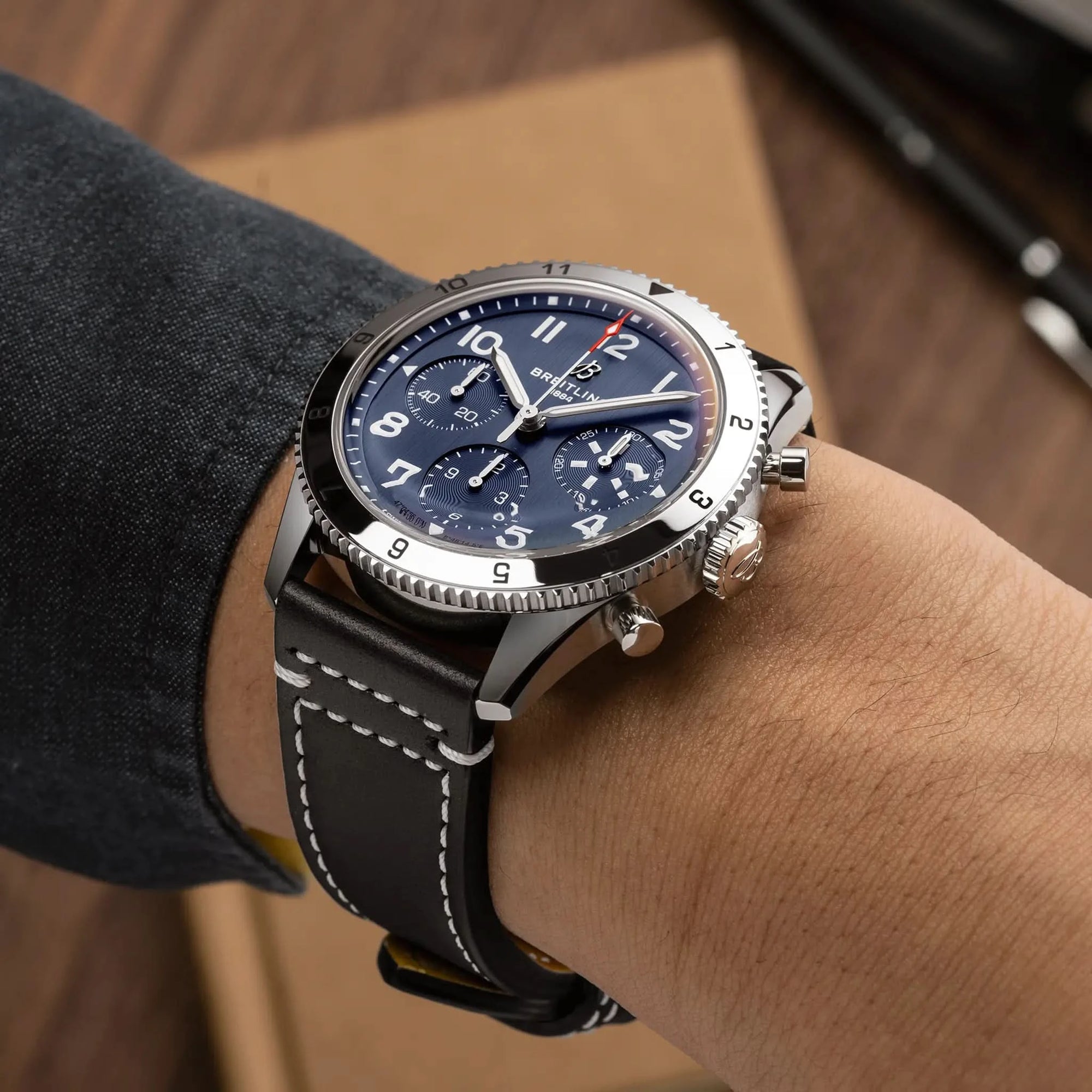 Breitling Classic Avi Chronograph 42 Tribute To Vought F4u Corsair 42mm Blue Dial on calfskin leather strap - Modeled