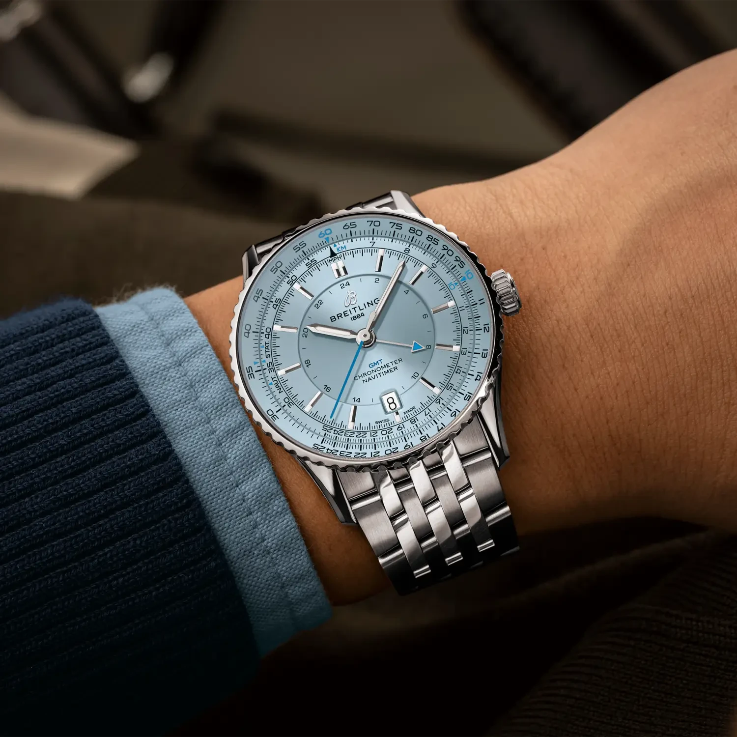 Breitling Navitimer Automatic Gmt 41mm Ice Blue Dial on stainless steel strap - Modeled