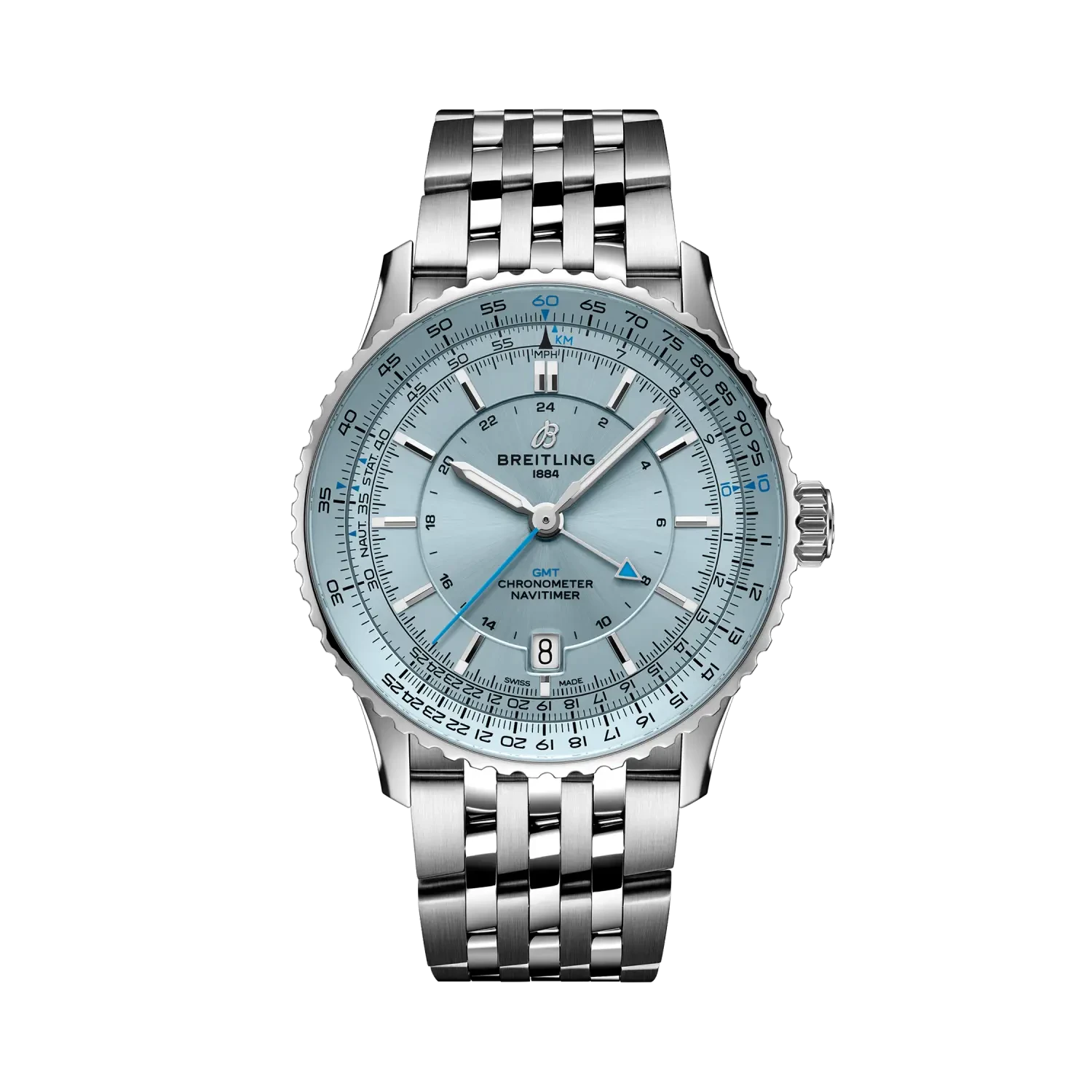Breitling Navitimer Automatic Gmt 41mm Ice Blue Dial on stainless steel strap - Facing