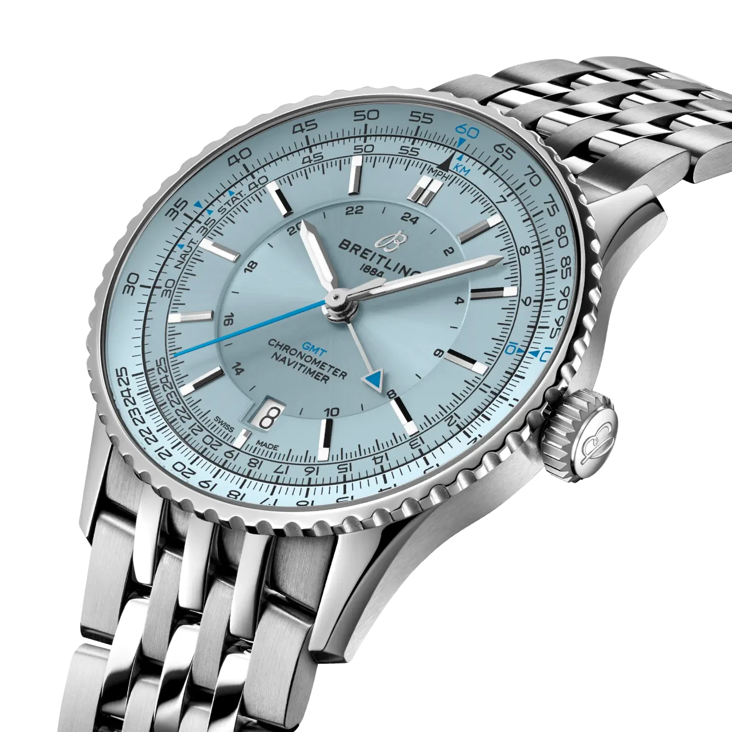 Breitling Navitimer Automatic Gmt 41mm Ice Blue Dial on stainless steel strap - Three-Quarter View
