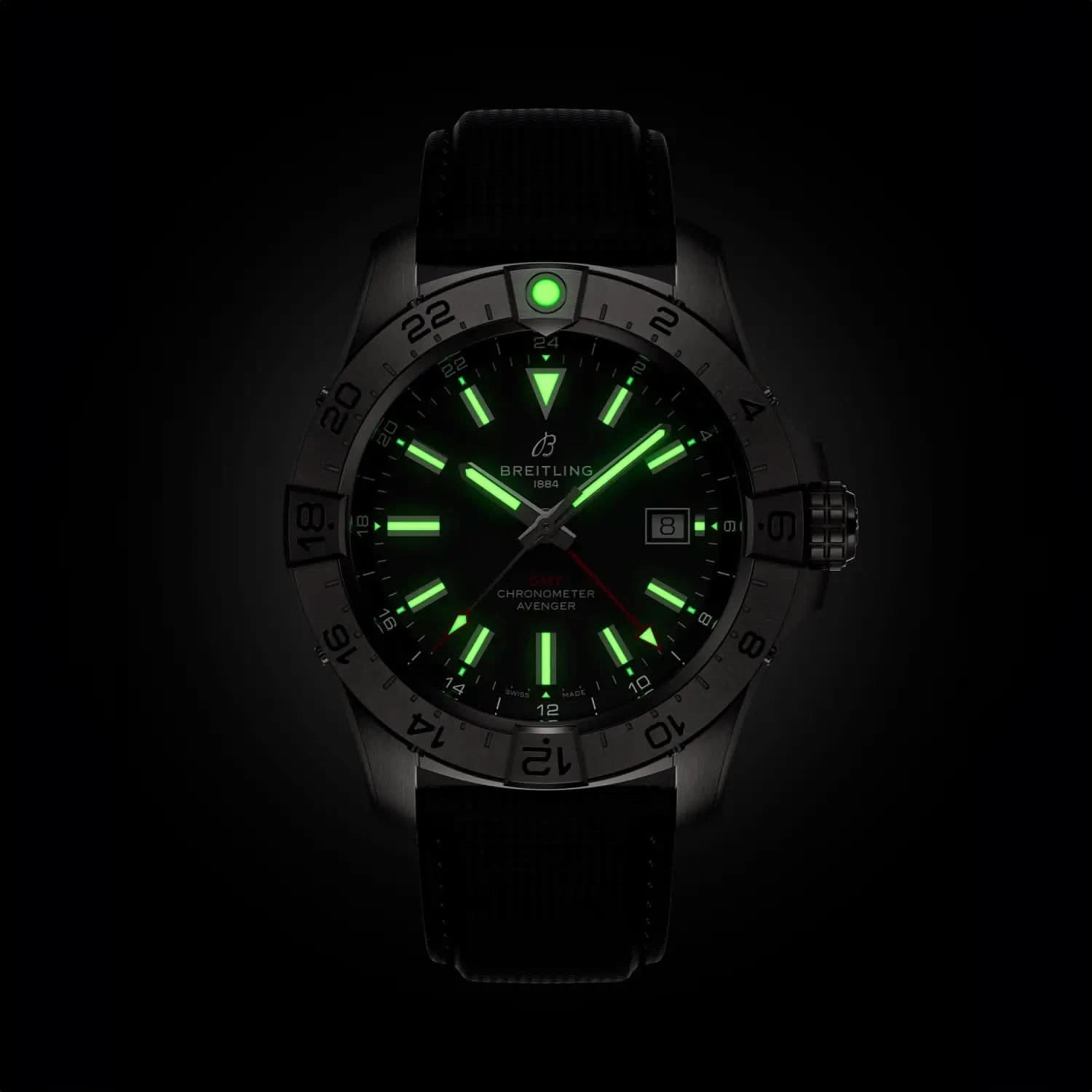 Breitling Avenger Automatic Gmt 44mm Black Dial on calfskin leather strap - Lume Shot