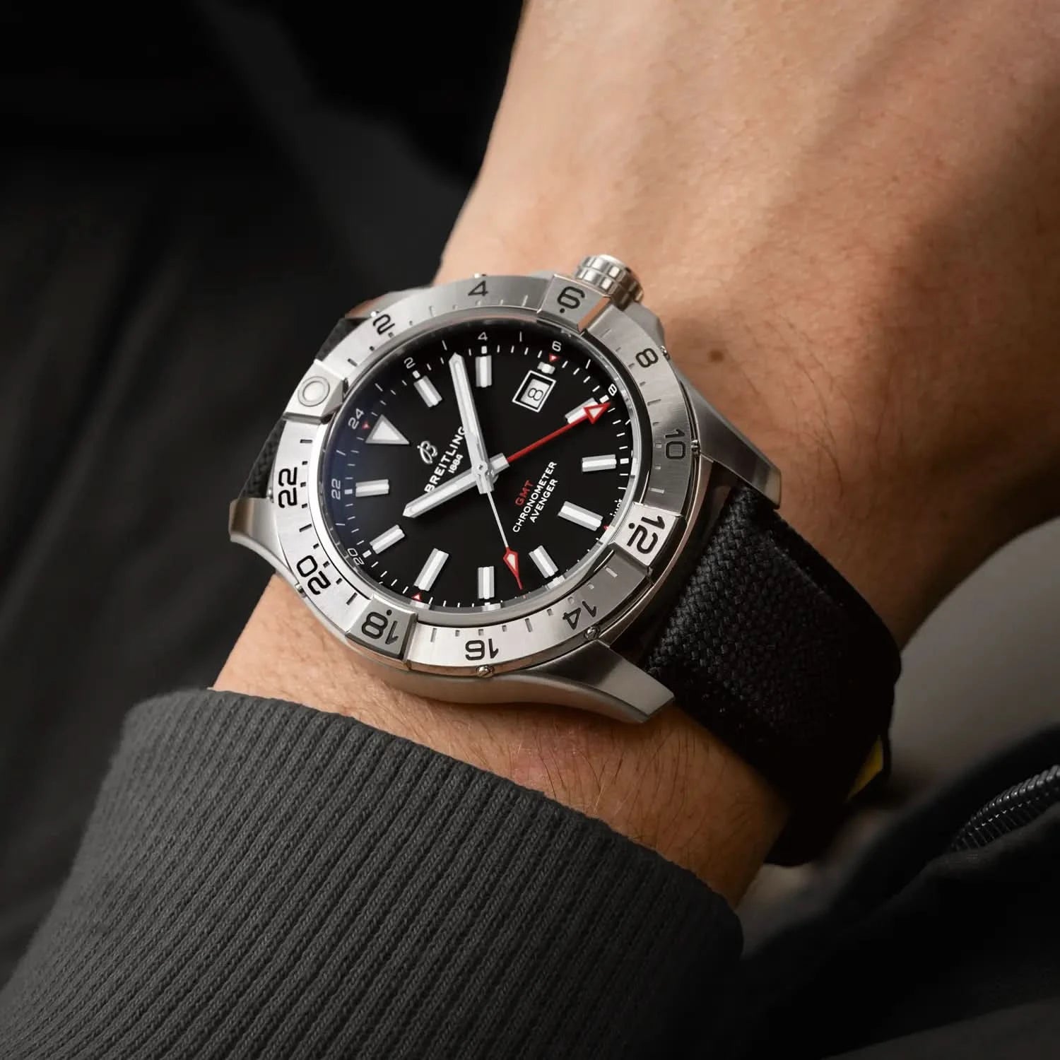 Breitling Avenger Automatic Gmt 44mm Black Dial on calfskin leather strap - Modeled